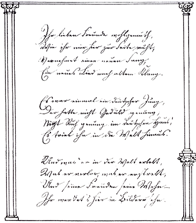 Bild einer Seite (mit Strophen) aus 'Ein australisches Lied' von Ludwig Becker / Picture of a page (with verse) from 'Ein australisches Lied' by Ludwig Becker