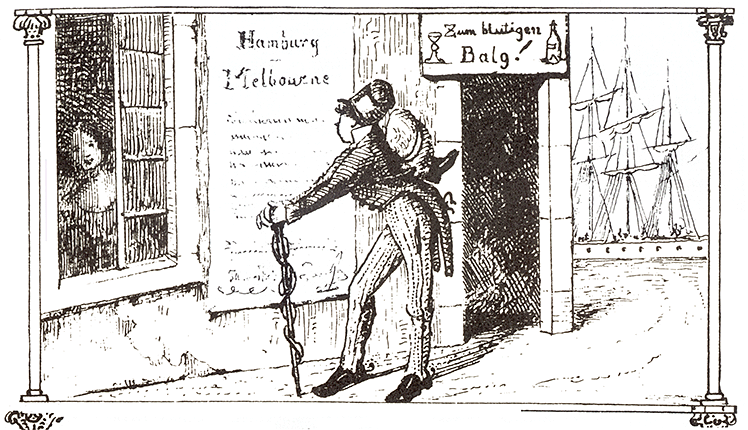 Eine Zeichnung von Ludwig Becker, die sein Werk 'Ein australisches Lied' bildlich darstellt / A drawing by Ludwig Becker, which illustrates verse from his work 'Ein australisches Lied'