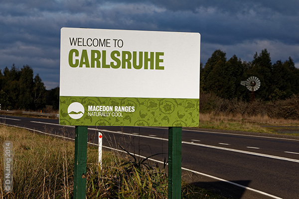 (Photo &copy; D. Nutting) Placename sign at the roadside in Carlsruhe, Victoria