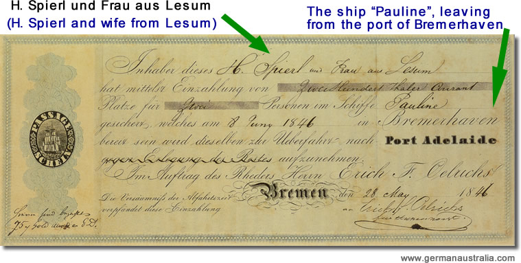 Passenger ticket for the ship journey from Bremerhaven to Port Adelaide